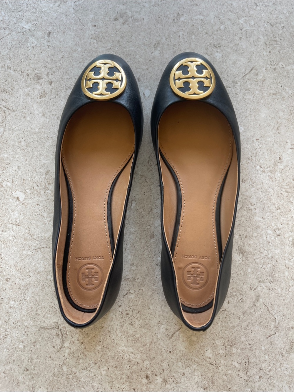 Tory Burch Black Leather Flats with Gold Logo Medallion